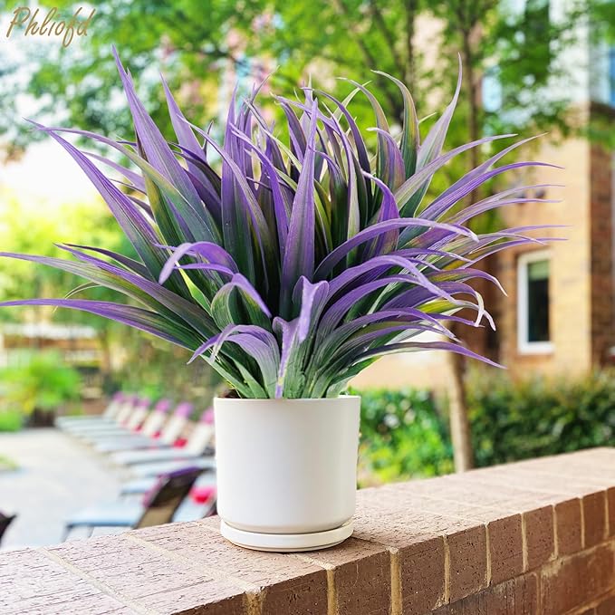 32Pcs Artificial Grass Fake Plants 17.3in Outdoor Plants UV Resistant Faux Greenery Stems Fake Grass for Home Window Garden Office Patio Pathway Front Porch Halloween Décor Green & Purple