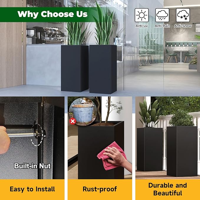 Galvanized Steel Metallic Heavy Planter for Outdoor Plants Metal Planters Box 14"x14"x30" Spliced Flower Planter with Partitions for Outside,Indoor,Garden (Black, 14 * 14 * 30)