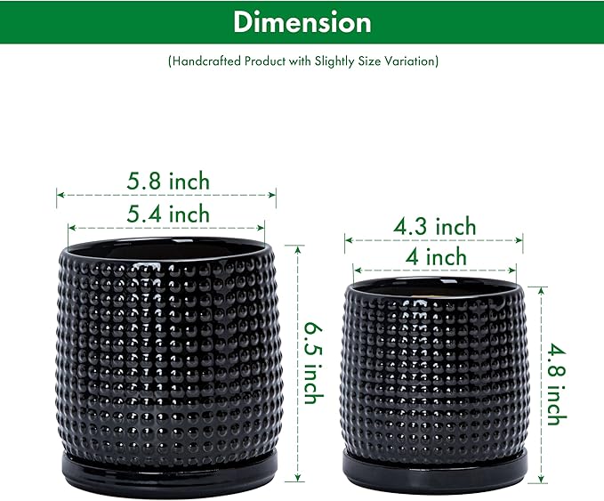 D'vine Dev 6 Inch 4 Inch Ceramic Indoor Planter Pots with Drainage Hole and Saucer, Beaded Design Flower Pots, Set of 2, Gloss Black, 27-D-U-2