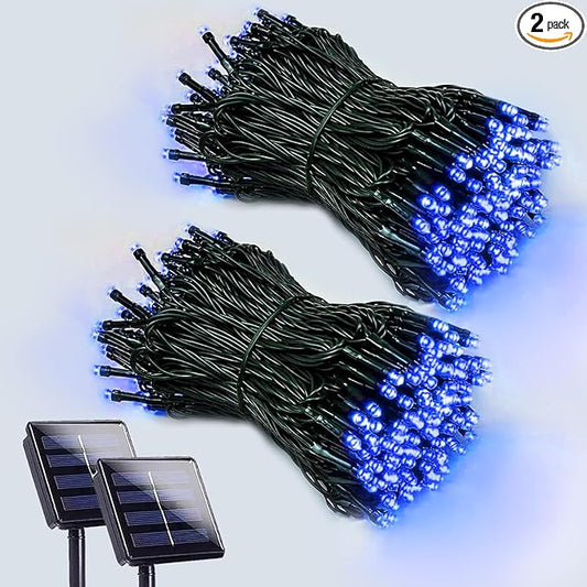 EEW 2-Pack 200 LED Solar String Lights Outdoor, Solar Christmas Lights with 8 Lighting Modes, Waterproof Green Wire Solar Tree Lights for Outside Xmas Wedding Party Garden Patio Decorations (Blue)