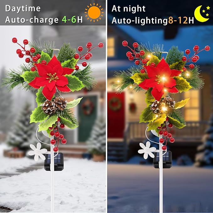 4 Pack Solar Christmas Decorations Outdoor, 32 Inch Solar Christmas Cross Stake Lights, Waterproof Grave Decorations with Poinsettia Flower Pinecones Red Berries for Garden Yard Patio Lawn Cemetery