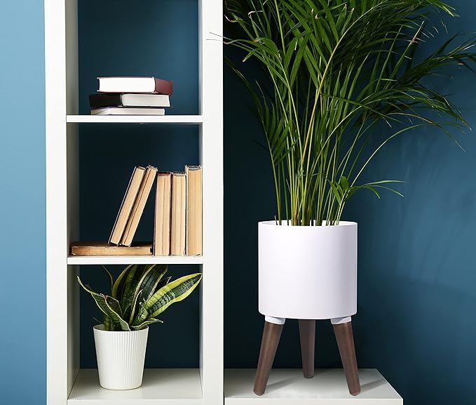 D'vine Dev 8 Inch Planter Pot with Stand, Mid-Century Tall Plant Pot with Legs for Indoor Plants, Small, White, 88-O-A-1
