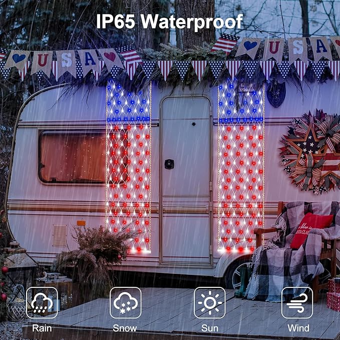 DBFAIRY 2 PCS American Flag Lights, 336 LED 4th of July USA Flag Lights Outdoor with Timer, 8 Modes Red White Blue Banners Lights for Independence Flag Day, Each 6.6Ft (L) x 1.2Ft (W)