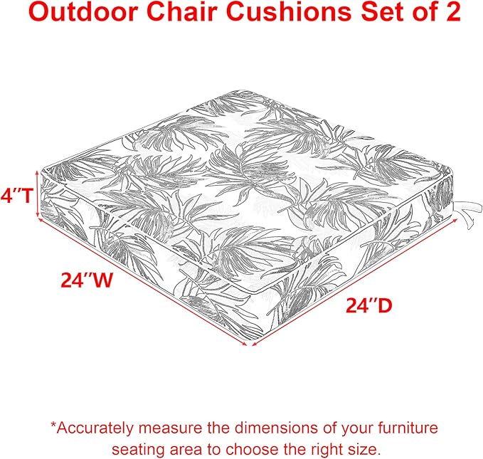 Favoyard Outdoor Chair Cushion 24 x 24 x 4 In Waterproof Pattern Fade Resistant Cushions for Patio Furniture with Removable Cover Attach Straps 28D Foam Insert Cushions Pads for Seat Sofa Couch 2 Pack