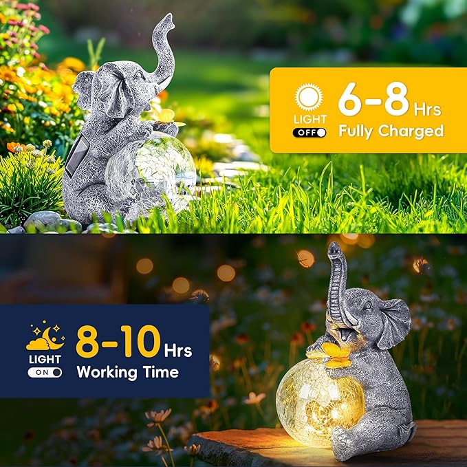 GIGALUMI Solar Garden Outdoor Statues for Women, Mom, Grandma. Glass Globe Elephant Figurine Housewarming and Birthday Gifts Elephant Statue Decor for Backyard, Patio, Balcony, Lawn, Pond