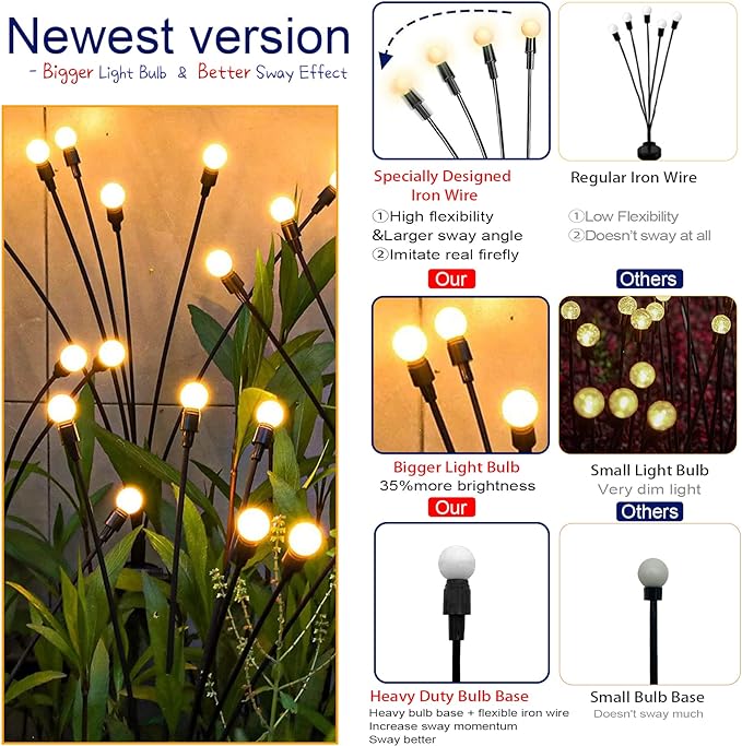 TONULAX Solar Garden Lights - New Upgraded Solar Swaying Light, Sway by Wind, Solar Outdoor Lights, Yard Patio Pathway Decoration, High Flexibility Iron Wire & Heavy Bulb Base, Warm White (4 Pack)