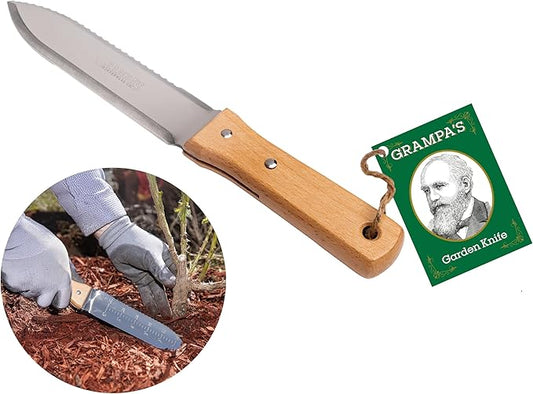 Grampa's Garden Knife - Versatile 7" Hori Hori Garden Knife With Straight & Serrated Steel Blade. Heavy-Duty Garden Hand Tool For Weeding, Digging or Planting. Includes Protective Sheath.
