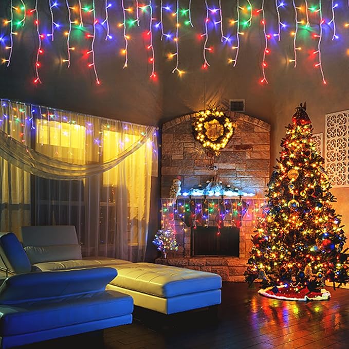 JMEXSUSS Icicle Christmas Lights, 200 LED Multicolor Indoor Outdoor Waterproof, 8 Modes Decorations for Xmas Roof Party Holiday