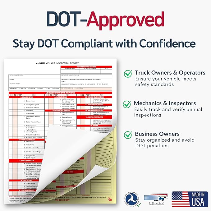 100 Pack 3-Ply Carbonless Annual Vehicle Inspection Report Forms with FMCSA 2-Ply Mylar Laminate Adhesive Vinyl Labels, DOT Inspection Forms and Stickers, Shrink-Wrapped, 8.5" x 11.75" - Made in USA