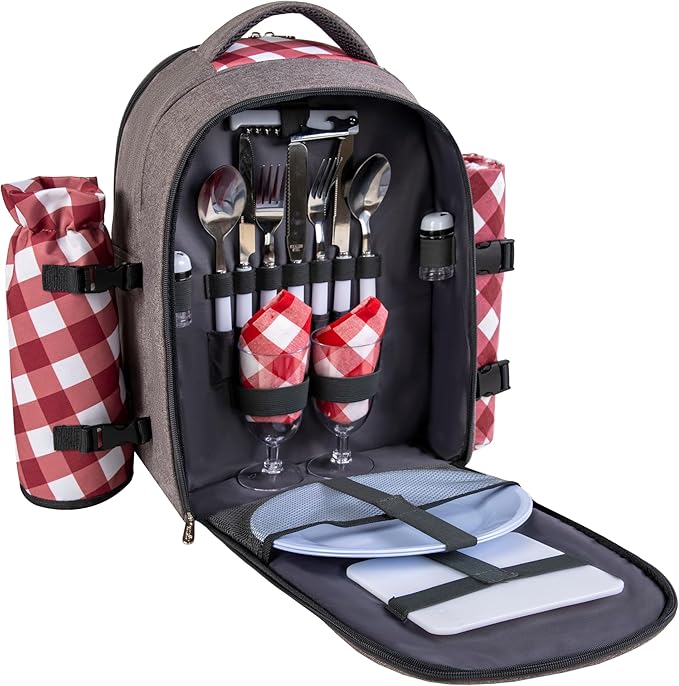 apollo walker Picnic Backpack Bag with Cooler Compartment, Detachable Bottle/Wine Holder, Fleece Blanket, Plates and Cutlery Set (2 Person, Gray)