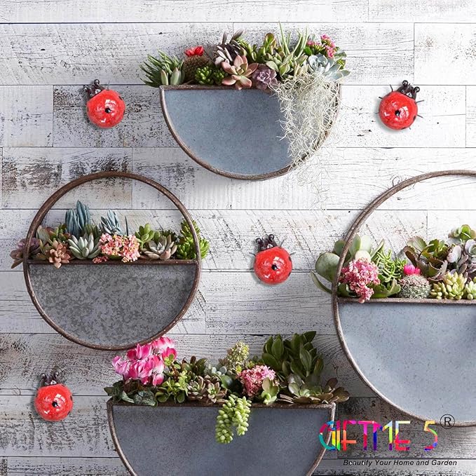 GIFTME 5 Metal Garden Yard Art Decorative 4 Pack Ladybugs Outside Garden Wall Sculptures(RED)