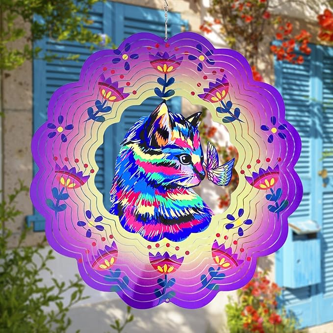Cat Wind Spinners 3D Hanging Wind Spinner Cat Ornament Gifts for Women Mom Grandma,12inch Metal Wind Kinetic Sculpture for Outdoor&Indoor Decor, Yard Art, Garden Decoration