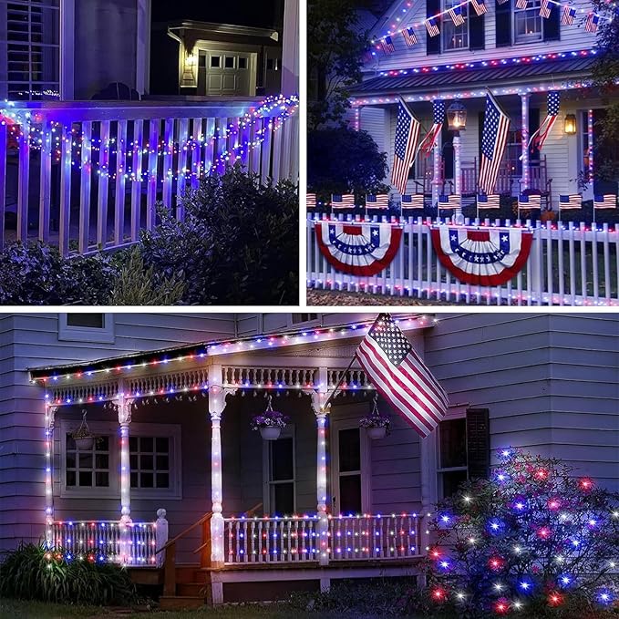 66Ft 200 LED Fairy Lights Plug in, July 4th Patriotic Waterproof String Lights with Timer for Indoor and Outdoor 8 Modes, Red White Blue American Flag Twinkle Lights for Independence Day, National Day