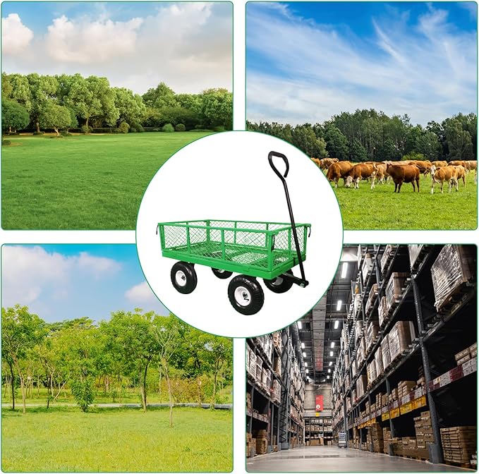 AAIN 600 lbs Metal Garden Cart,Heavy Duty Garden Wagon with Removable Steel Mesh Sides, Utility Yard Cart with 180° Rotating Handle and 10-inch Wheels—Perfect for Gardens, Farms, and Yards, Green