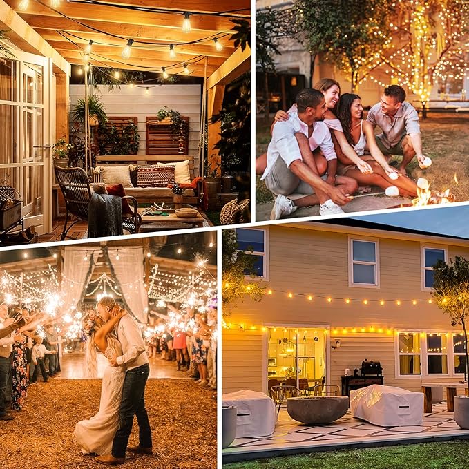 Bosceos Solar String Lights Outdoor with Remote, 27FT Solar Powered LED Lights for Outside with 16 Shatterproof ST38 Bulbs, Dimmable Light String, Patio Hanging Light for Backyard Garden Party Decor