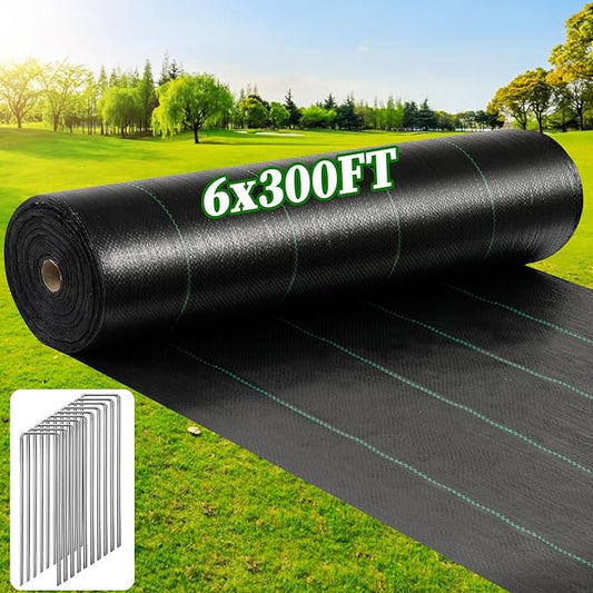 6FT x 300FT Weed Barrier Landscape Fabric, 3.2oz Heavy Duty Woven Geotextile with 60 U-Shaped Pegs & Pre-Printed Cutting Lines, Ground Cover Colth Garden Bed Liner for Landscape, Driveway, Greenhouse