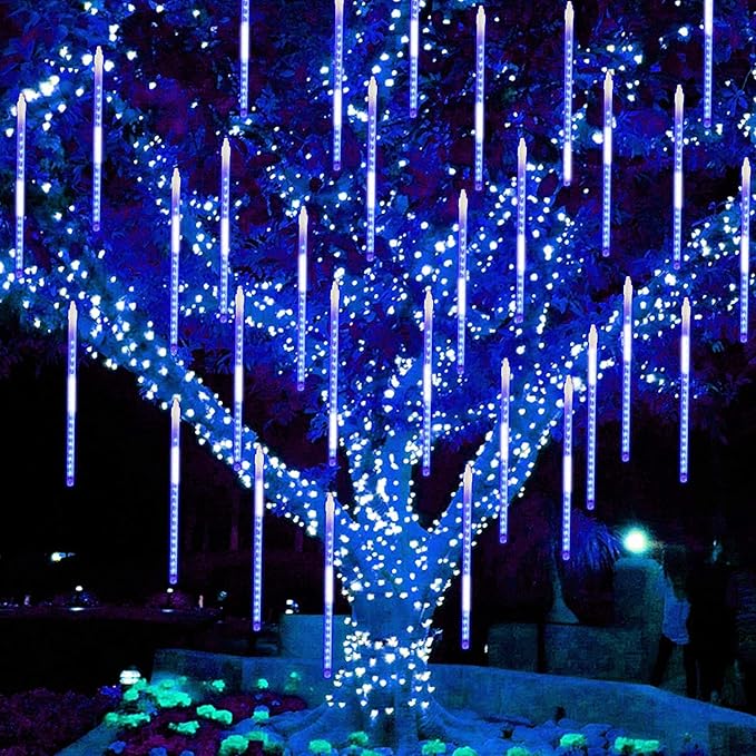 EXF 2-Pack Christmas Decorations Light Outdoor, Meteor Shower Lights 16 Tubes 384 LEDs Indoor Outdoor Rain Drop String Lights for Xmas Tree Roof (Blue)