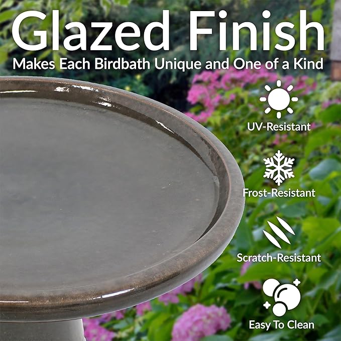 Sunnydaze 21" H Ceramic Bird Bath for Outside - Hand-Painted Outdoor Bird Bath Bowl, UV/Frost-Resistant Finish - Dusty Rose - Classic Pedestal