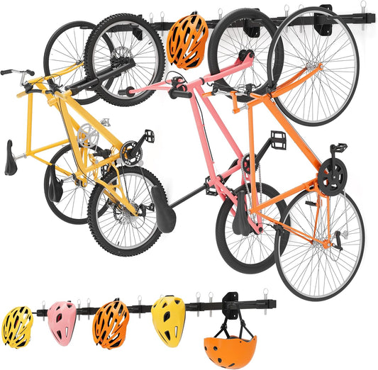 Bike Storage Rack, Garage Wall Mount Hanger, Indoor Bicycle Organizer with Adjustable Hooks for Home and Garage, 67-inch Cycle Stand Holds 5 Bikes, Wall Bike Stand Up to 300lbs