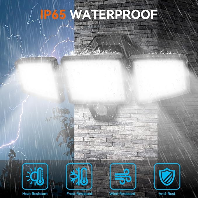 65W LED Flood Lights Outdoor, 6500LM, Waterproof, 6500K Motion Sensor Flood Lights Outdoor with Adjustable 3 Head Detected Floodlight for Outside Entryway Garage, Yard, Porch, 2Pack