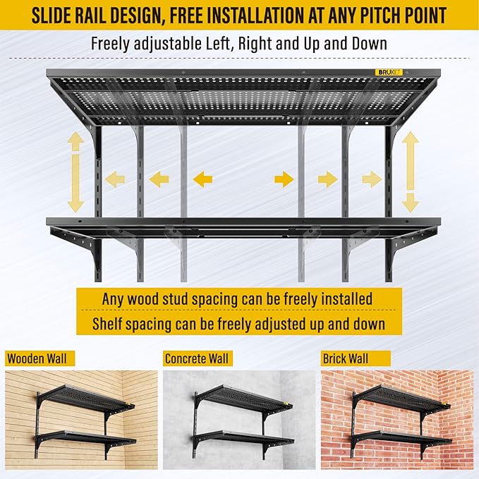 2 Tier 1.3x3ft Garage Shelving Wall Mounted, 400 lbs Load Capacity,15.6x36inch per Shelf Height Cassette Adjustable Floating Shelves(Black)