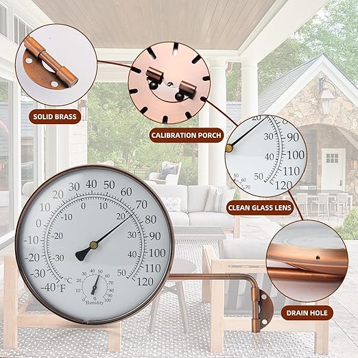 6-Inch Outdoor Thermometer for Patio. Accurate Window Thermometer for Outside Temperature, Greenhouse, Garage.Solid Brass Swivel with Humidity (6inch Thermo&Hygrometer)