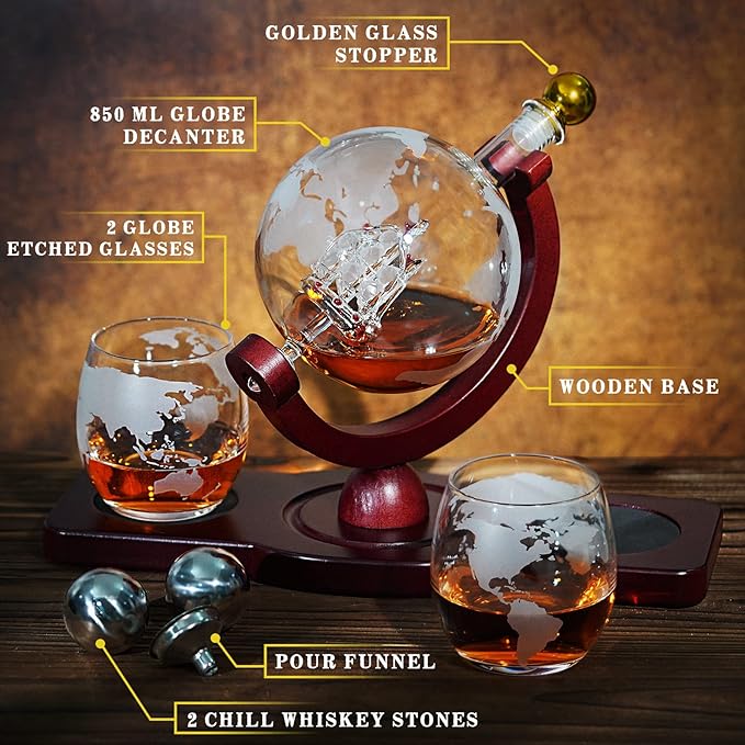 Gifts for Men Dad Fathers Day, PONPUR Whiskey Decanter Globe Set with 2 Ball Stones & 2 Glasses, Anniversary Birthday Gifts for Him Husband Boyfriend Brother, Cool Stuff Gift for Bourbon Scotch