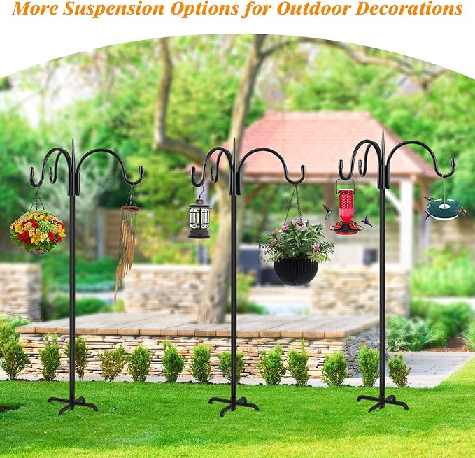 FEED GARDEN [Upgrade Version 76 Inch Three Shepherd Hooks for Outdoor,Bird Feeder Pole with 5 Prong Base, Adjustable Shepard Hooks for Hanging Plant, Solar Lanterns, Wind Chimes, 2 Pack