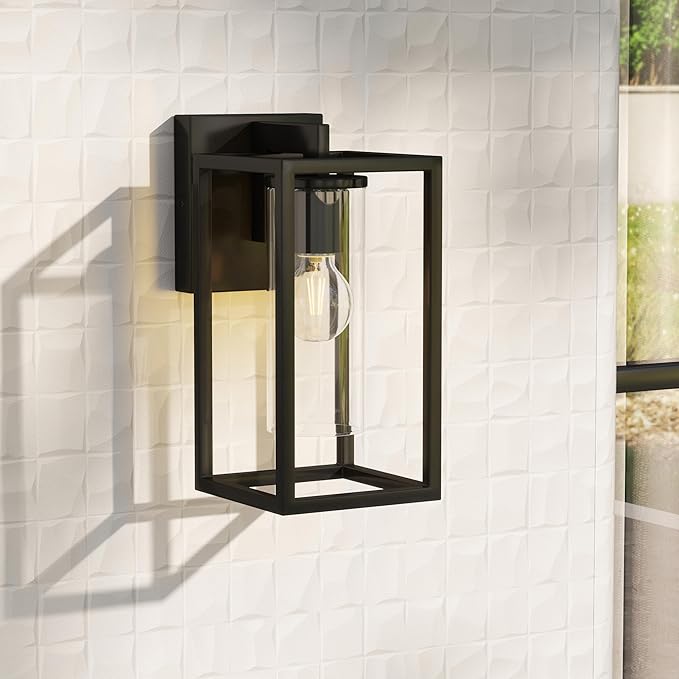 Pia Ricco Outdoor Wall Lights, Outdoor Wall Lantern with Circular Clear Glass Shade, Waterproof Exterior Lighting Fixtures, Modern Front Porch Lighting for House, Garage, E26 Base, ETL Listed, Black