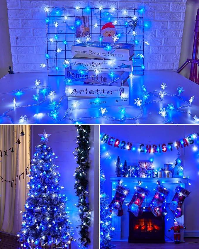 Brightown Solar Christmas Snowflake String Lights, 72FT 200 LED Outdoor Waterproof Fairy Lights with 8 Lighting Modes for Wedding, Party, Tree, Room, Garden, Patio, Yard, Home, Blue&White