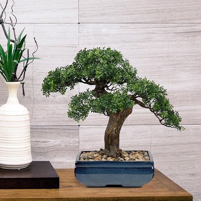 Artificial Bonsai Tree Juniper Faux Plants Indoor Fake Plants Decor with Blue Square Ceramic Pots for Home Table Office Desk Bathroom Shelf Bedroom Living Room Farmhouse Decorations