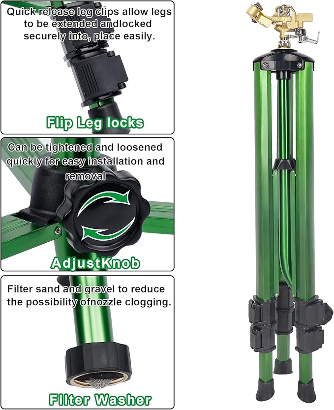 Biswing Impact Sprinkler Head on Tripod Base, Extends Up to 50 Inch Heavy Duty Lawn Sprinkler, 360 Degree Large Area Irrigation, Adjustable Coverage Brass Nozzle Alloy Metal Tower Sprinkler, 1 Pack