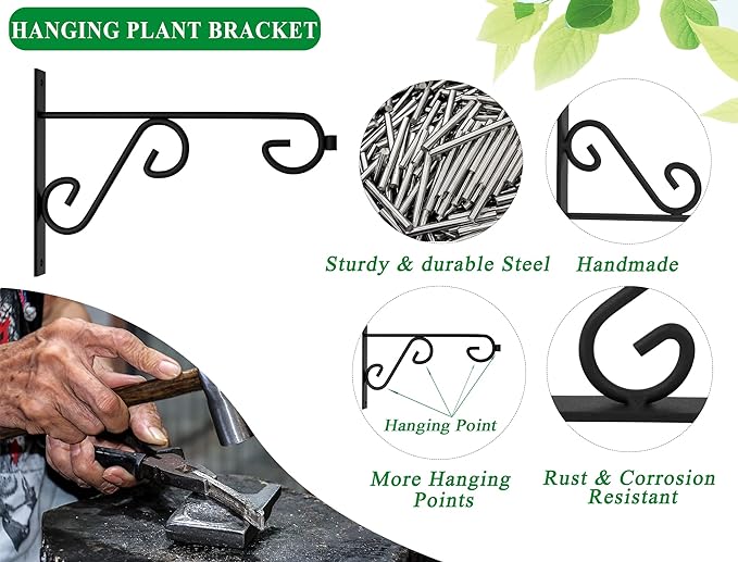 Hanging Plant Hanger 4Pcs Plant Hanger Wall Hooks,6in Metal Plant Bracket Hook for Outdoor or Indoor Hanging Flower Baskets,Wind Chimes,Solar Lanterns