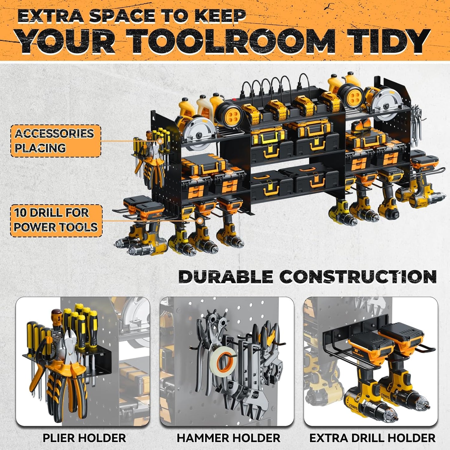 Upgrade Large Power Tool Organizer Wall Mount with Charging Station Tool Storage Rack with 6.5FT Power Strip 10 Drill Holder and Storage Rack for Garage Organization