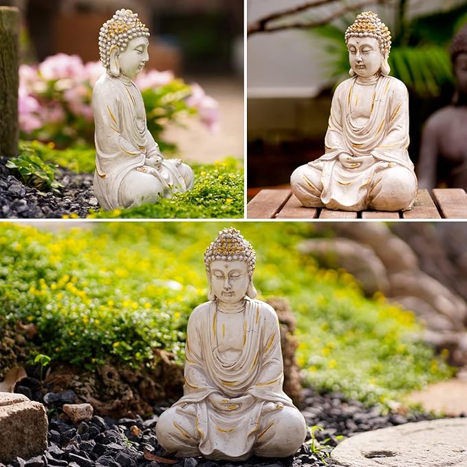 Goodeco 11.4 Meditating Zen Buddha Statue Figurine Sculpture - Indoor/Outdoor Decor for Home,Garden,with Natural Wood Beaded Necklace,Polyresin (White)