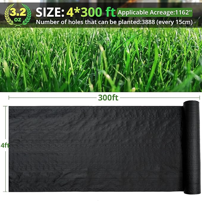 GOTGELIF 4×300FT Heavy Duty Weed Barrier, 3.2oz Premium Garden Weed Barrier Fabric, Ground Cover for Gardening, Farming, Landscape