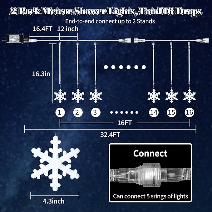Enhon 2 Pack Meteor Shower Snowflake Lights Outdoor with Timer, Total 480 LED 12in 16 Tube Connectable Waterproof Meteor Rain Drop Christmas Light with Snowflake for Xmas Tree Roof Garden(Cool White)