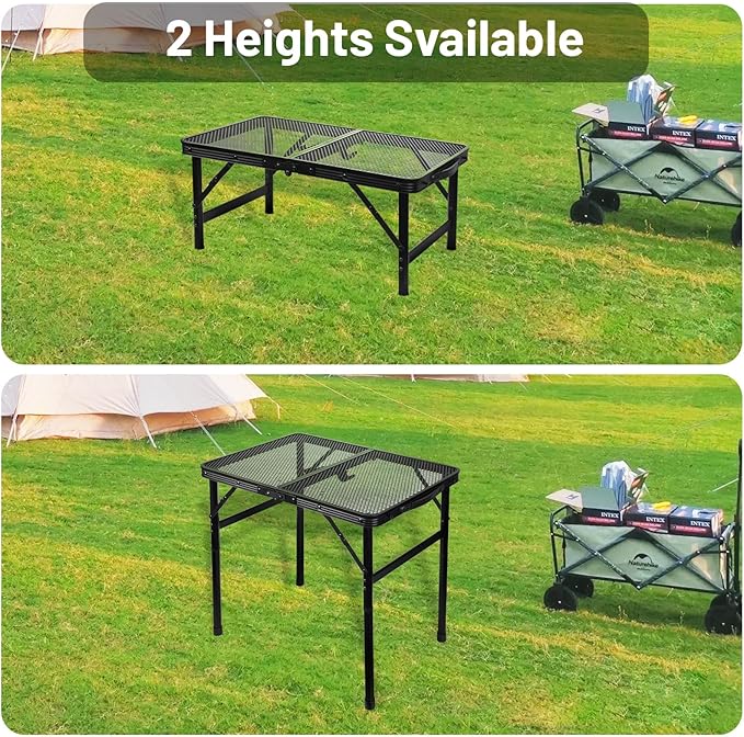 Folding Grill Table Metal Portable Camping Table with Mesh Desktop Lightweight & Foldable Height Adjustable Black Picnic Table for RV, BBQ Outside Inside