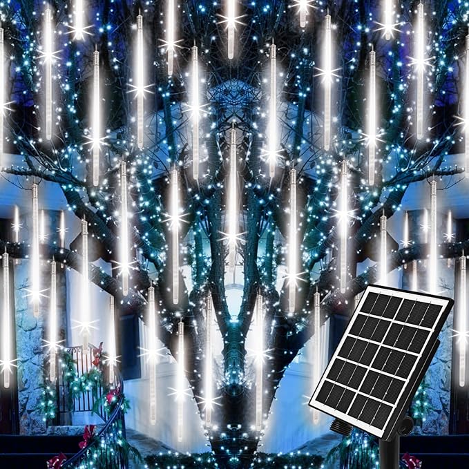 solar meteor shower lights outdoor, White