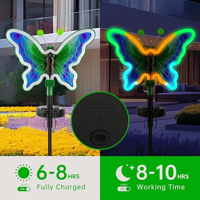 Butterfly Solar Garden Lights, Solar Butterfly Outdoor Lights, Garden Solar Decor for Outside,Solar Neon Lights,Yard Decorations Outdoor (Green,2pack)