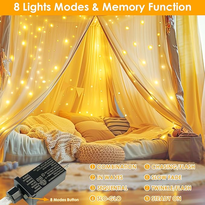 66Ft 200 LED Fairy Lights Plug in, Waterproof String Lights Outdoor & Indoor 8 Modes Christmas Light Bedroom Decor, Timer Twinkle Lights for Girl's Room Garden Party Christmas Decorations (Warm White)