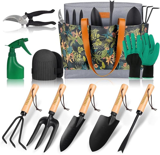 YAUNGEL Garden Tools - 10Pcs Garden Tool Set Heavy Duty Stainless Steel Gardening Supplies Hand Tools with Wooden Handle, Storage Tote Bag, Ideal Gardening Gifts for Women and Men, Black