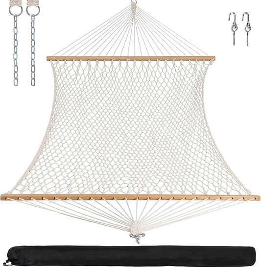 ANOW Rope Hammock Double Hammock with Hardwood Spreader Bar and Carrying Bag, 450 LBS Weight Capacity for Two Person, Natural