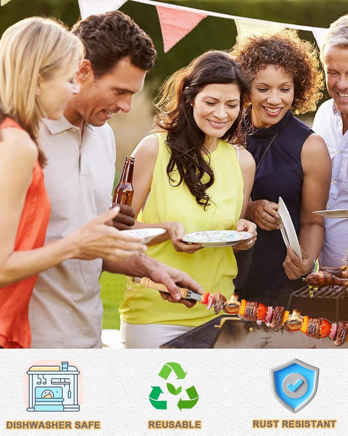 23.5" Long 304 Stainless Steel Skewers for Kabobs with Wood Handle,Heavy Duty Wide Flat Metal Kebab Skewer,Kabob Skewers for Grilling,BBQ Barbecue Skewer Reusable for Outdoor Grill（6 PCS）