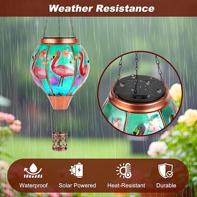 Flamingo Solar Hot Air Balloon Lantern,Outdoor Decor with Flame Lights Waterproof, Hanging for Garden Yard Lawn Patio, Unique Gifts for Women Mom Grandma Gardener for Mother'Day Christmas