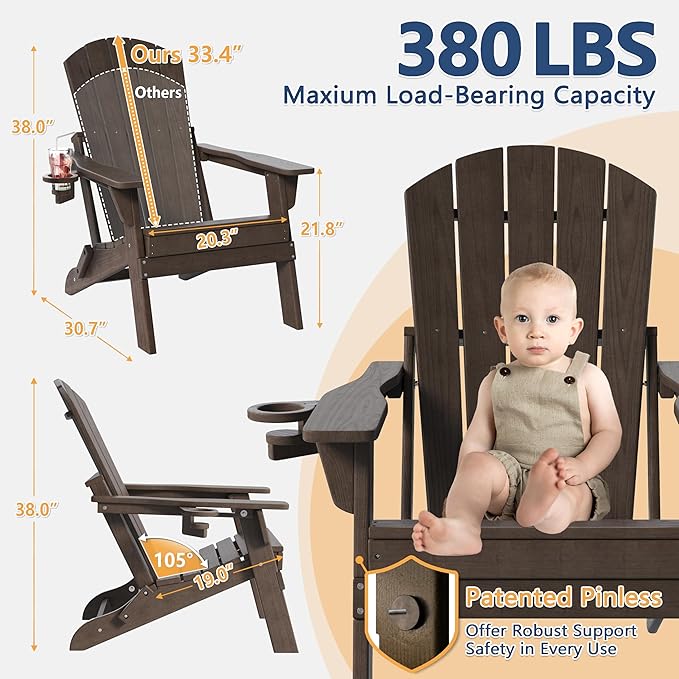 Folding Adirondack Chair Set of 3 with Cup Holder, HDPE All Weather Resistant Plastic Outdoor Patio Chairs, Heavy Duty Fire Pit Seating for Backyard Lawn Garden, Wooden Textured Design(Coffee)