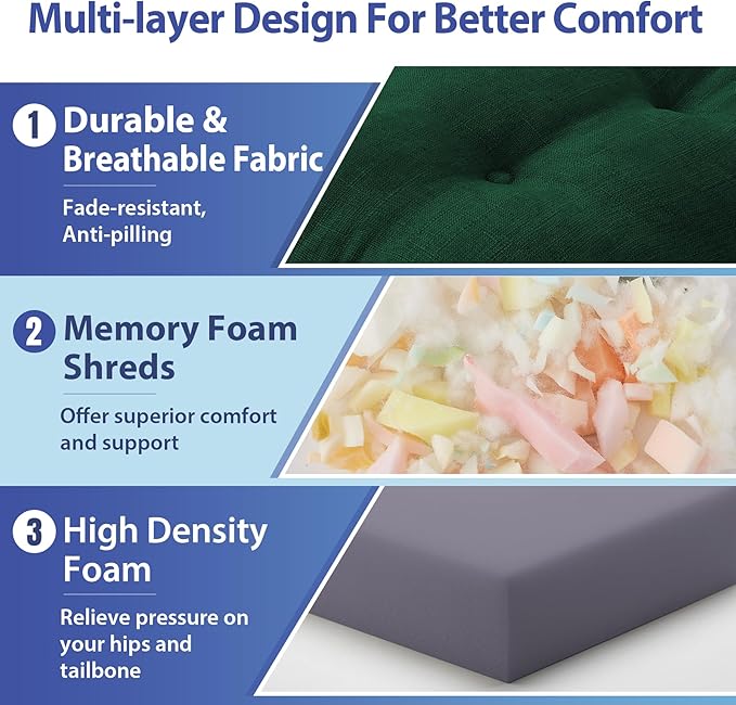 Chair Cushions for Dining Chairs, Dining Chair Cushions, Tufted Indoor Chair Pads with Ties & Non Slip Backing, Seat Cushions for Kitchen Chairs 16.5” x 16.5” x 3.5”, Set of 6, Green