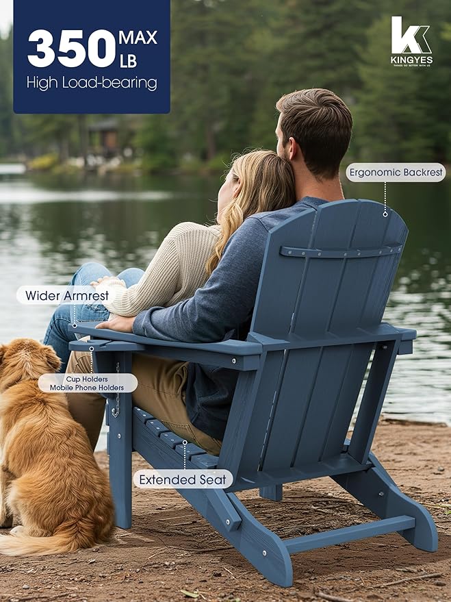 KINGYES Folding Adirondack Chair Set of 4, Dual Cup Holders & All-Weather HDPE, Wood-Like Patio Chair for Backyard, Camping, Pool & Fire Pit, Navy