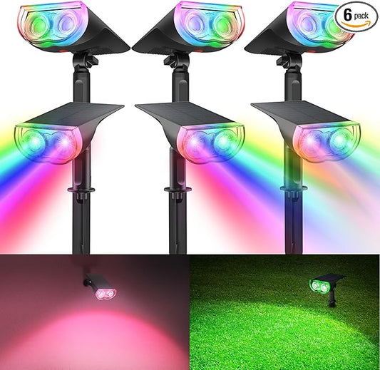 Consciot Solar Color Changing Outdoor Spotlights, 7 Lighting Modes Outside Solar Lights Waterproof IP67, Multicolor Christmas Decorations Landscape Lights for Pathway Patio Fence, Auto On/Off, 6 Pack