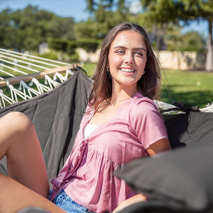 ANOW Outdoor Rope Hammock with Spreader Bars, Heavy Duty Hammock with Pad for Outdoors Indoors, 450 LBS Weight Capacity, Gray